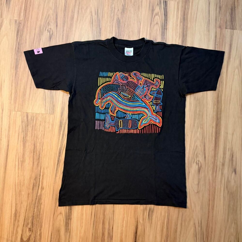 1990s Oneita Black Colorful Fish Art Tee Black Cotton Mens Size XL